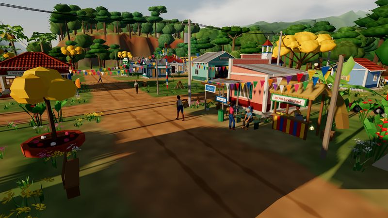 A praça da vila no fim da tarde: bandeirinhas, a barraca de milho e pamonha, moradores conversando no banco e a cooperativa ao fundo.