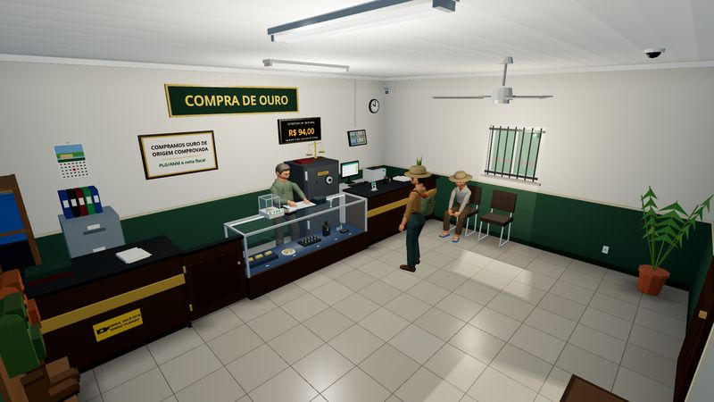 Nei na pesagem do Raul: o balcão de vidro com a balança, o painel da cotação do dia em R$ 94,00 e a placa Compramos ouro de origem comprovada, PLG/ANM e nota fiscal.