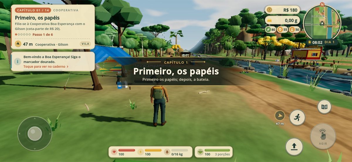 Primeira manhã do capítulo 1: Nei no acampamento, à beira do rio, sob a faixa “Primeiro, os papéis”. No alto, o cartão do objetivo pede a filiação à cooperativa, a 47 metros.