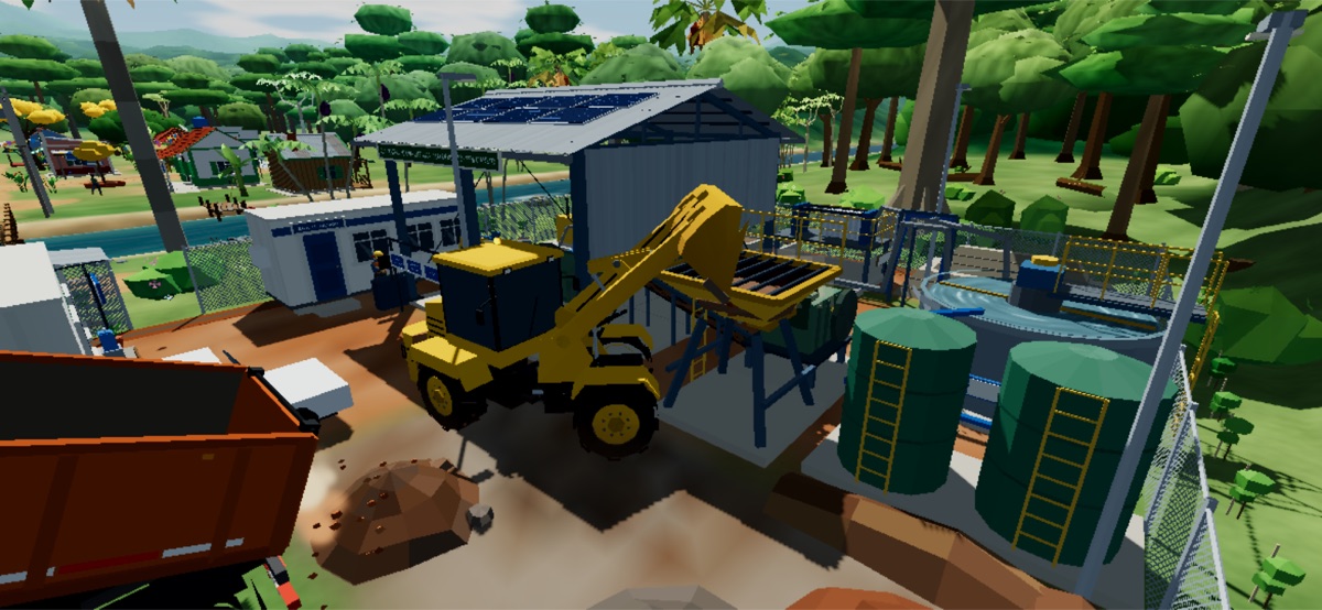 Pá carregadeira articulada despejando minério na moega da planta de beneficiamento, ao lado dos tanques.