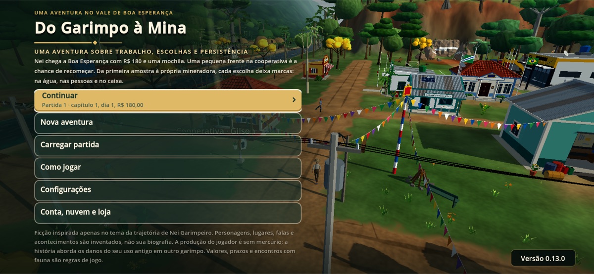 Tela de título com o vale ao fundo e os botões Continuar, Nova aventura, Carregar partida, Como jogar, Configurações e Conta, nuvem e loja.